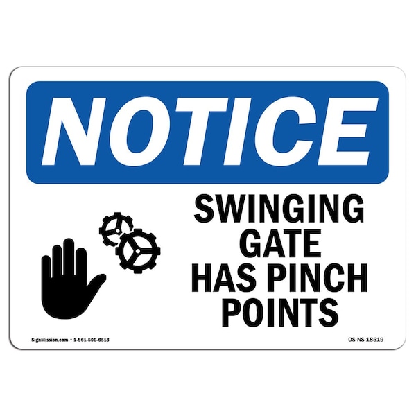 OSHA Sign, Swinging Gate Has Pinch Points With Symbol, 18in X 12in Aluminum, 12" W, 18" L, Landscape